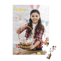 100 piece Easter photo puzzle featuring a smiling girl holding a basket of colorful Easter eggs.