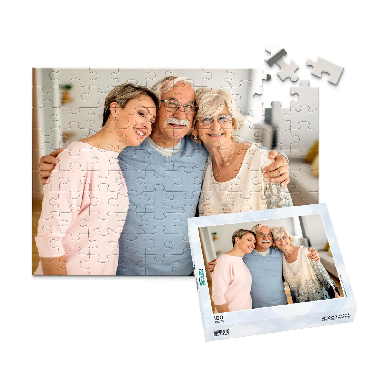 100 piece custom Father’s Day photo puzzle featuring a father with his wife and daughter and matching puzzle box