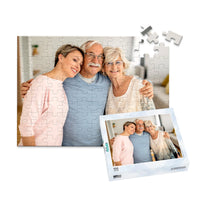 100 piece custom Father’s Day photo puzzle featuring a father with his wife and daughter and matching puzzle box