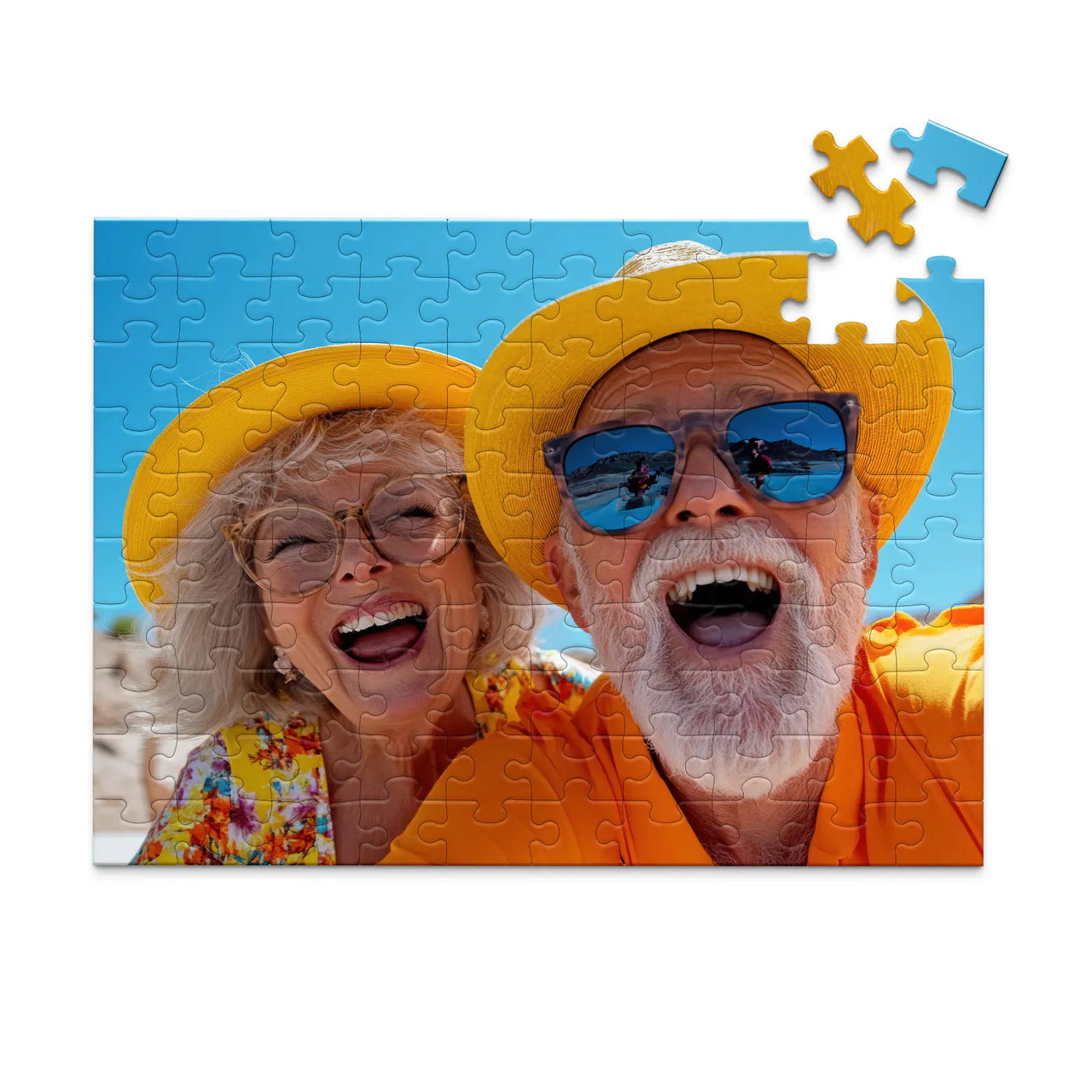 100 piece personalized couple puzzle featuring a joyful older couple wearing sun hats at the beach.