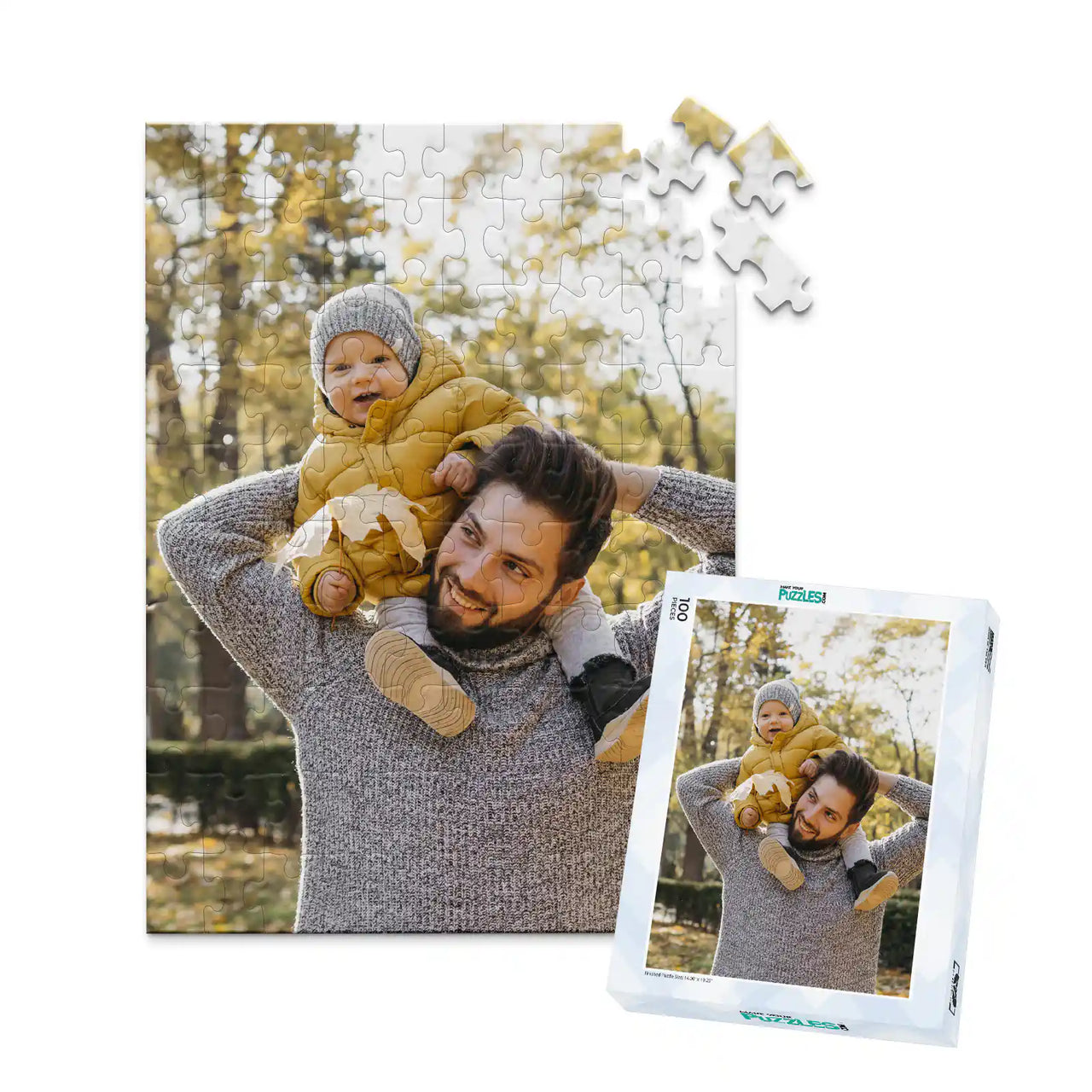 100 piece personalized Dad puzzle showing a smiling father carrying his baby on his shoulders, displayed with the matching puzzle box.