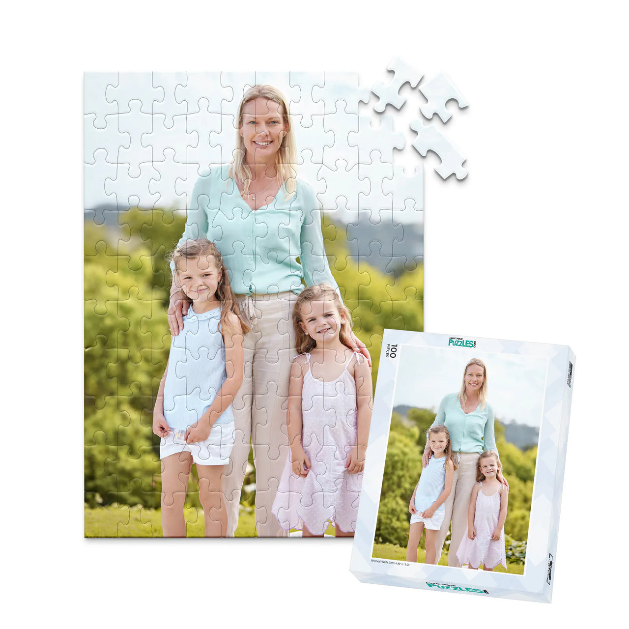 100 piece personalized Mom puzzle featuring a mother with her two young daughters outdoors, shown with its matching puzzle box