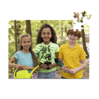100 piece personalized puzzle for kids showing three smiling children gardening together.