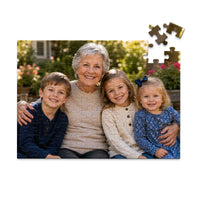 100 piece personalized puzzle for grandparents showing a smiling grandmother with her three grandchildren.