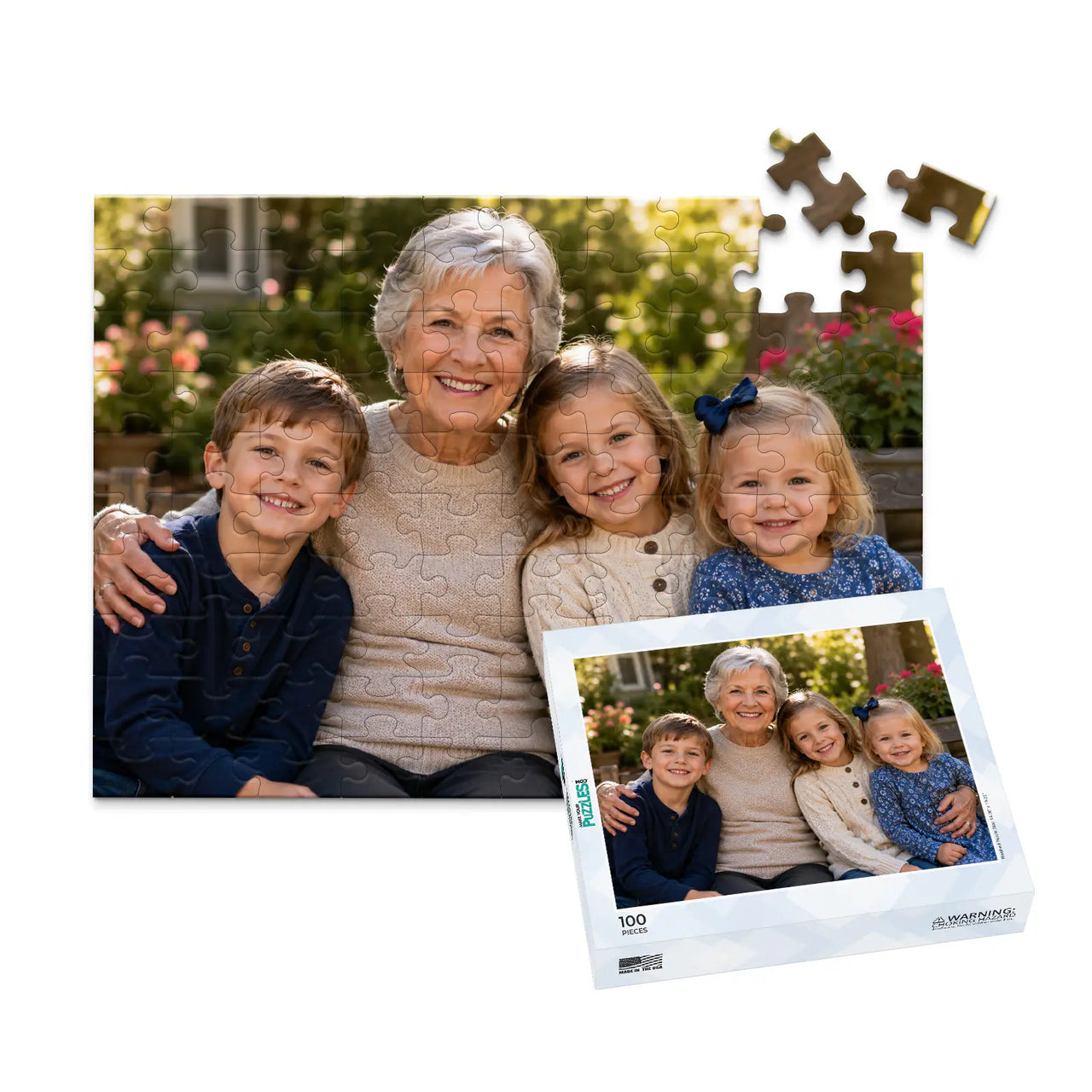 100 piece personalized puzzle for grandparents showing a smiling grandmother with her three grandchildren, displayed with the matching puzzle box.