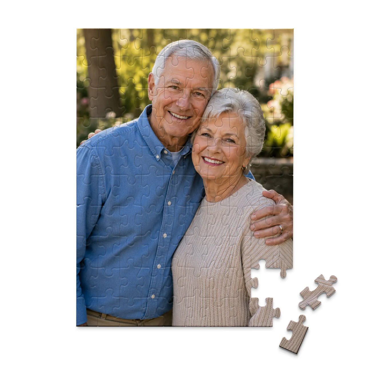 100 piece personalized puzzle for grandparents showing a smiling elderly couple together.