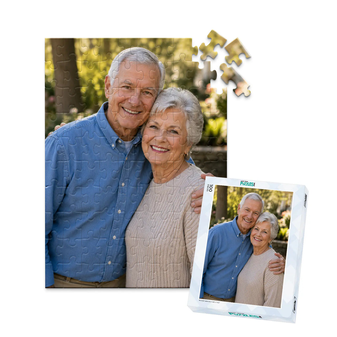 100 piece personalized puzzle for grandparents showing a smiling elderly couple together, displayed with the matching puzzle box.