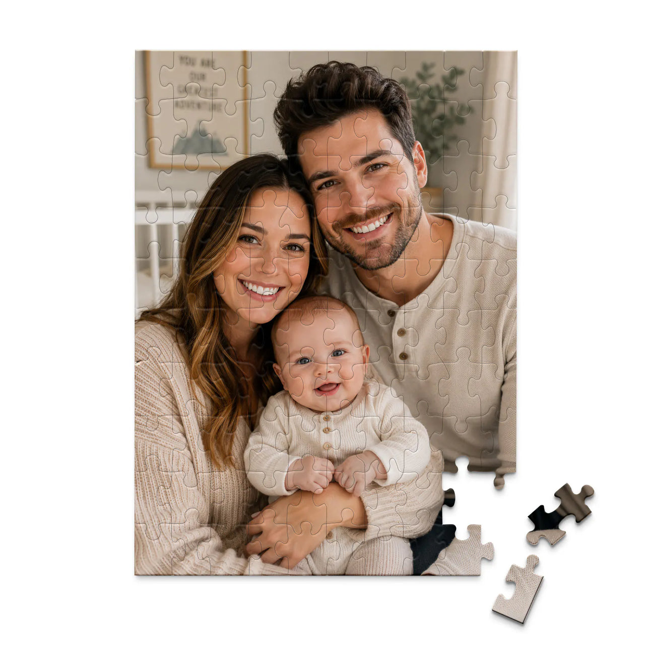 100 piece personalized puzzle for new parents showing a smiling mother and father with their baby.