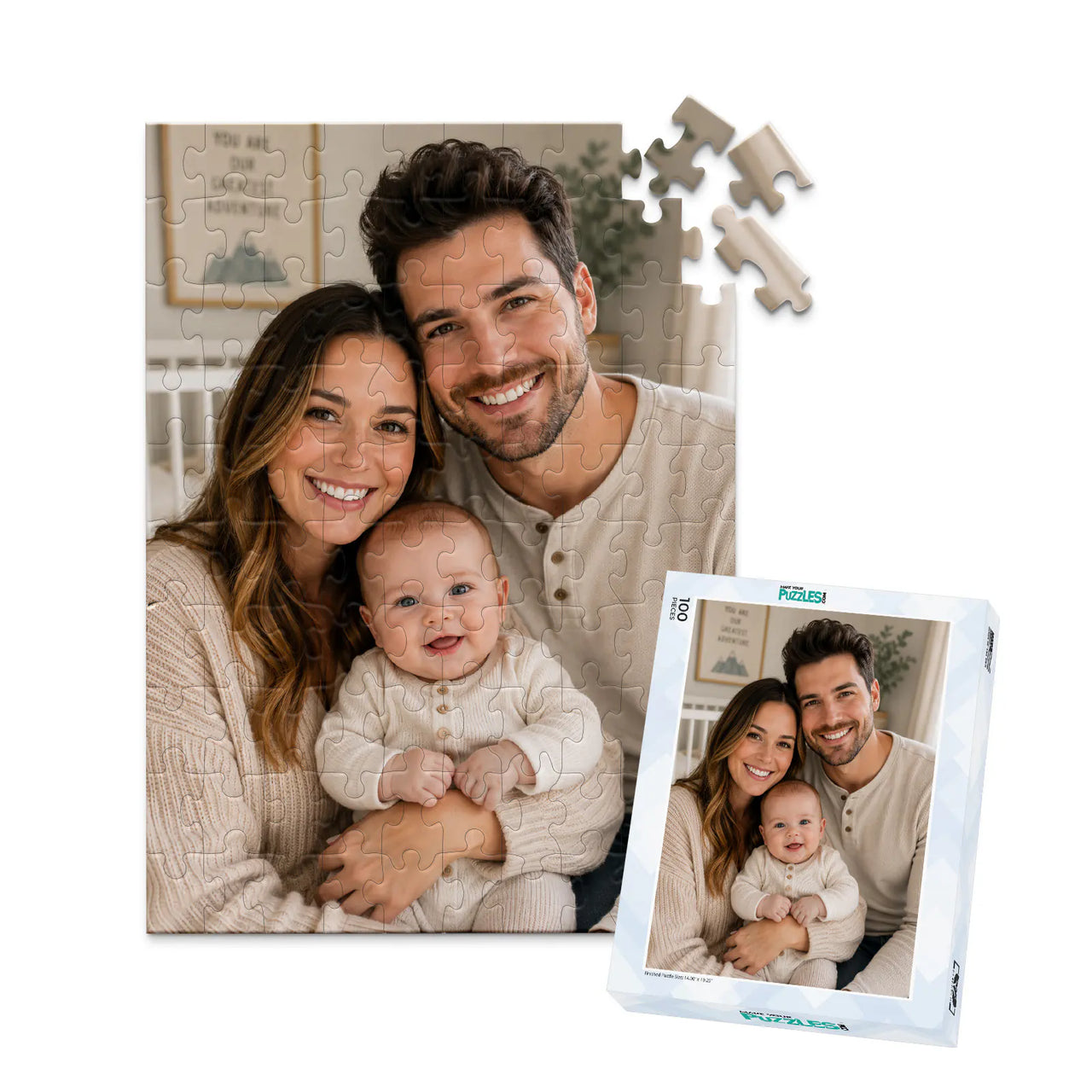 100 piece personalized puzzle for new parents showing a smiling mother and father with their baby, displayed with the matching puzzle box.