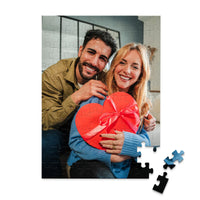 100 piece personalized Valentine puzzle featuring a smiling couple with a heart-shaped gift.