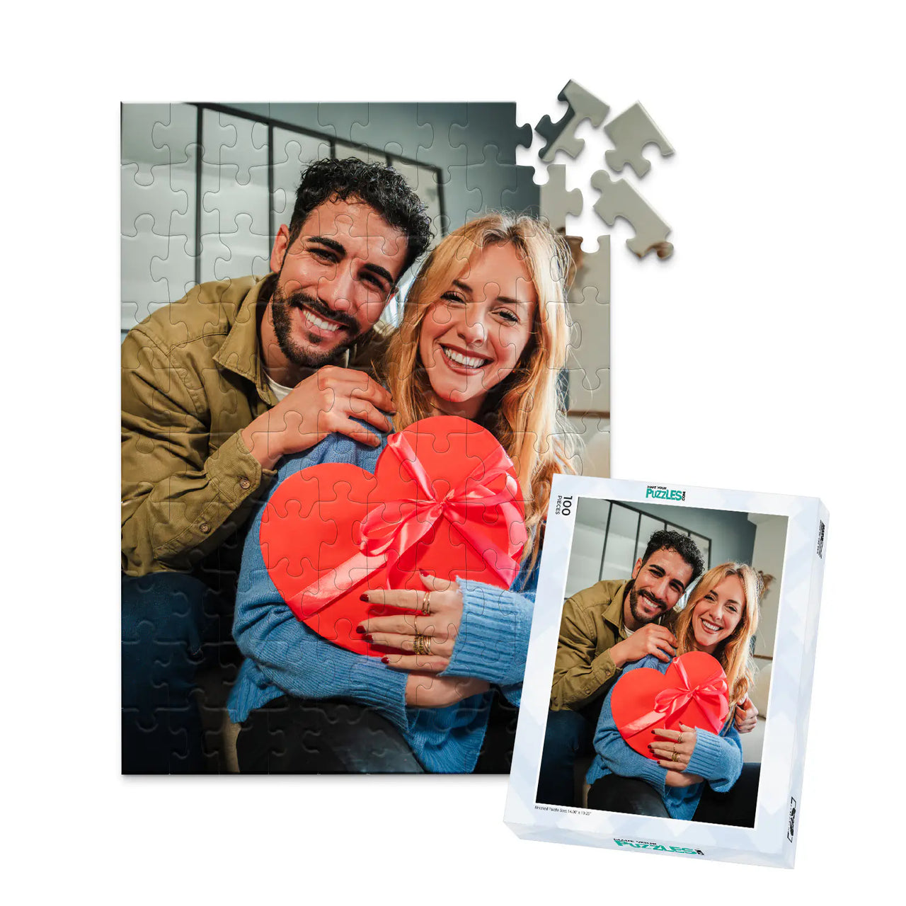 100 piece personalized Valentine puzzle featuring a smiling couple with a heart-shaped gift, shown with its matching puzzle box