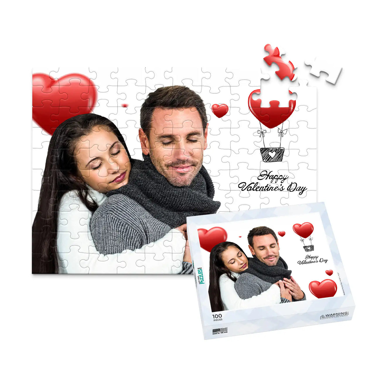 100 piece personalized Valentine puzzle featuring a couple embracing with heart decorations, shown with its matching puzzle box