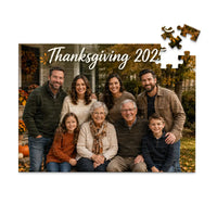 100 piece Thanksgiving photo puzzle featuring a multigenerational family portrait with custom Thanksgiving text.