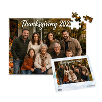 100 piece Thanksgiving photo puzzle featuring a multigenerational family portrait with custom Thanksgiving text, shown with its matching puzzle box