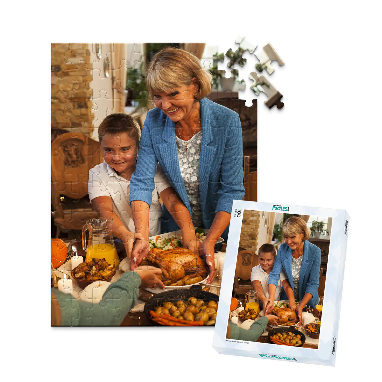 100 piece Thanksgiving photo puzzle featuring a grandmother and grandson serving turkey at a family dinner, shown with its matching puzzle box