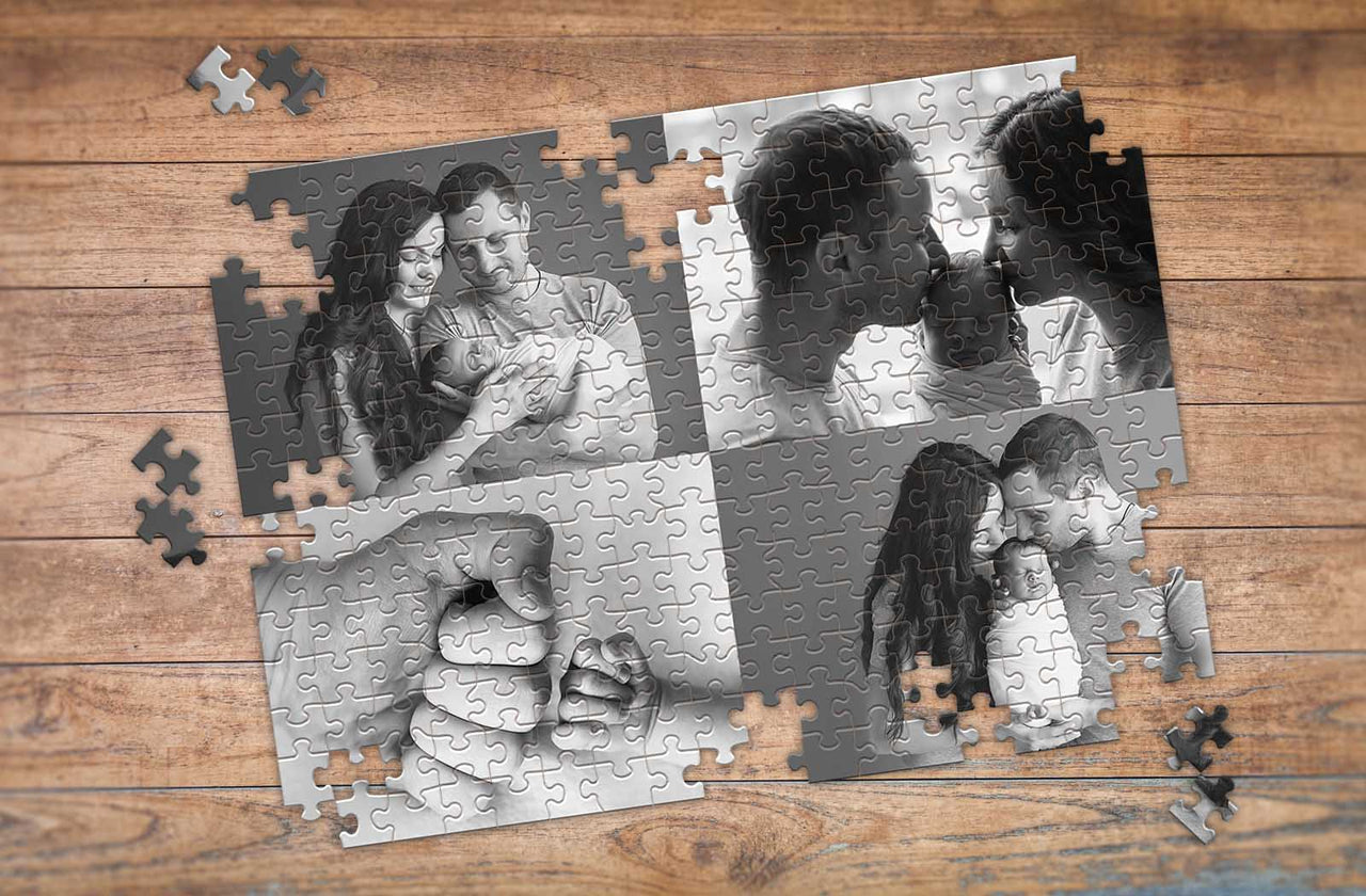 252 Piece Photo Collage Puzzle of young couple and newborn in black and white | Premium Collage Photo Puzzles Made in the USA | Make Your Own Puzzle at MakeYourPuzzles