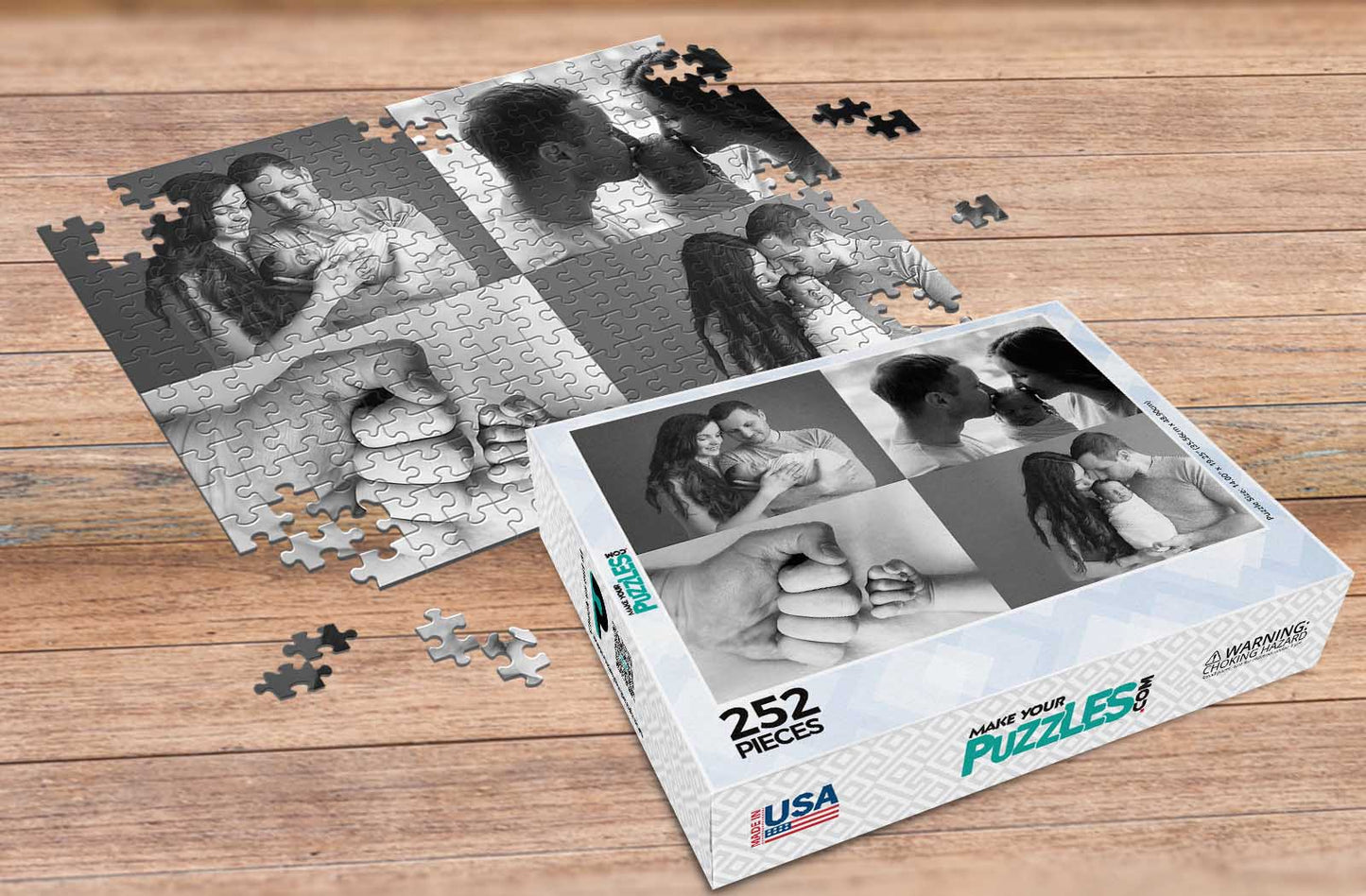 252 Piece Photo Collage Puzzle of young couple and newborn in black and white and custom puzzle box | Premium Collage Photo Puzzles Made in the USA | Make Your Own Puzzle at MakeYourPuzzles
