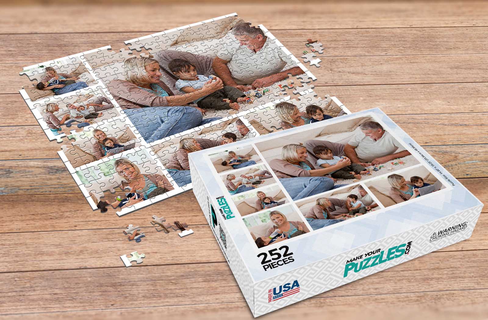 252 Piece Photo Collage Puzzle with parents and young child and custom puzzle box - Premium Collage Photo Puzzles Made in the USA | Make Your Own Puzzle at MakeYourPuzzles