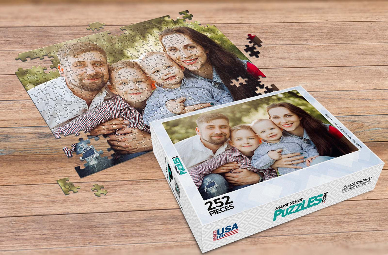 252 Piece Custom Photo Puzzle with parents and two young kids and custom puzzle box | Premium Custom Puzzles Made in the USA | Make Your Own Puzzle at MakeYourPuzzles.com