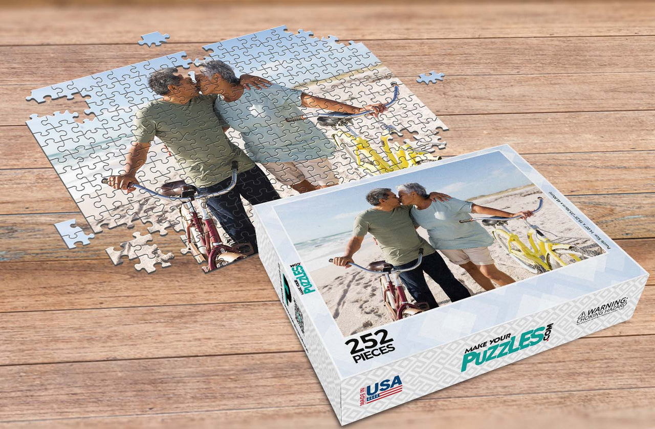 252 Piece Custom Photo Puzzle with elderly couple at beach with premium custom puzzle box | Premium Custom Puzzles Made in the USA | Make Your Own Puzzle at MakeYourPuzzles.com