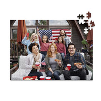252 piece 4th of July photo puzzle featuring a family celebrating with American flags and hot dogs.