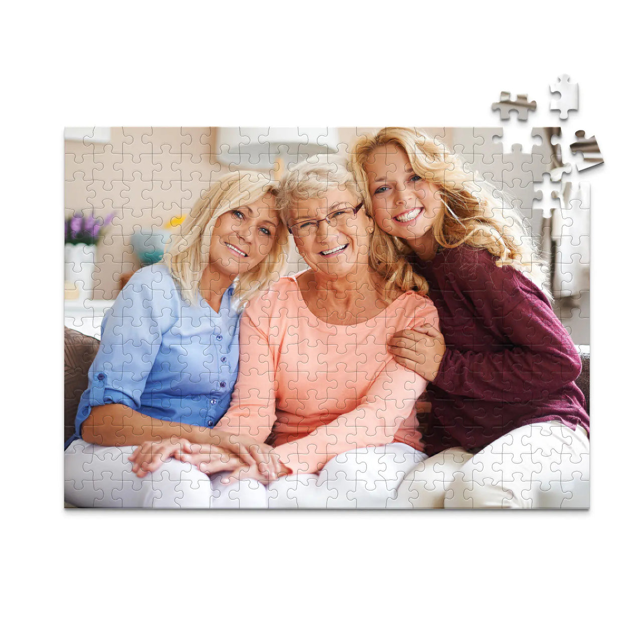 252 piece custom Mother’s Day photo puzzle featuring a mother with her two adult daughters.