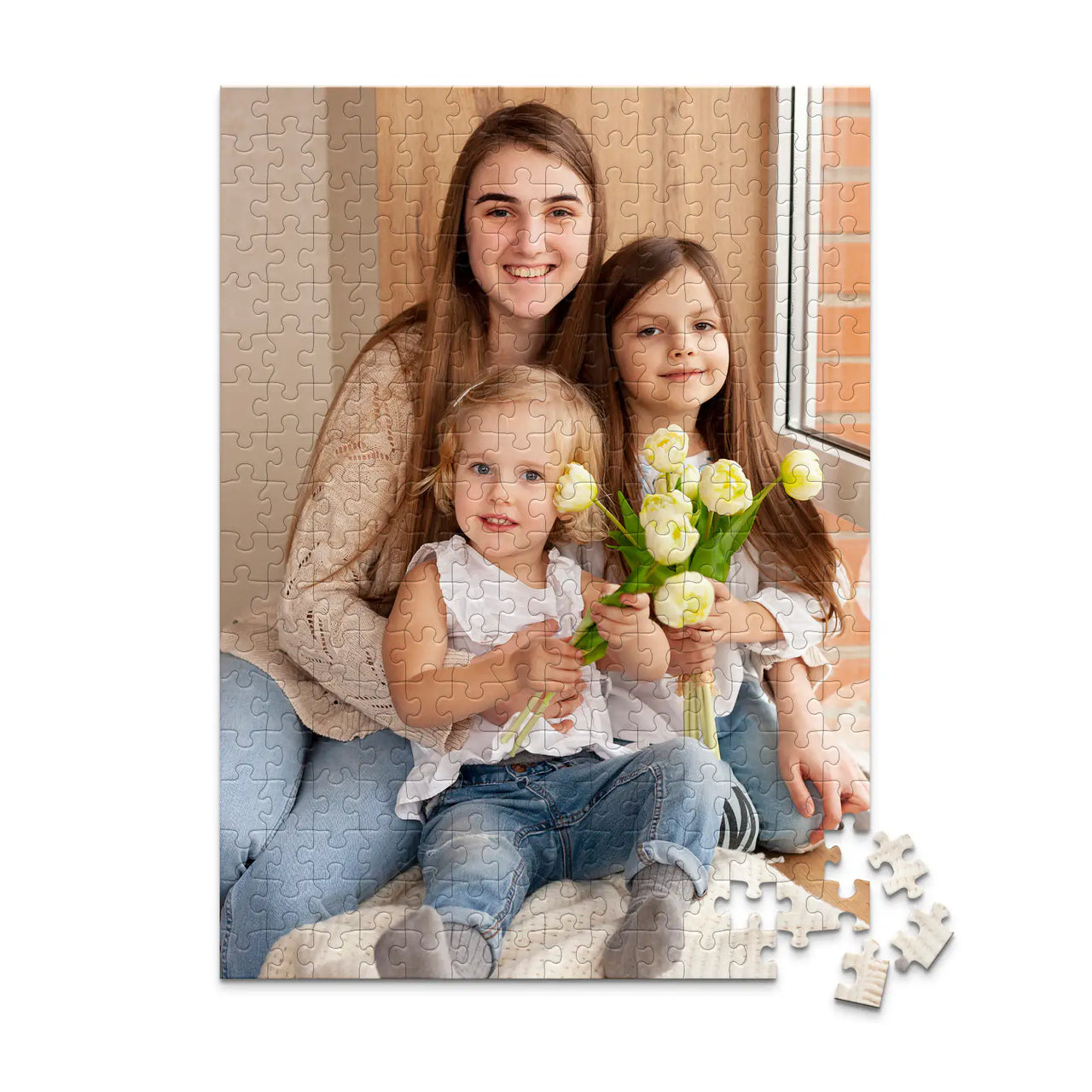 252 piece custom Mother’s Day photo puzzle featuring three daughters with flowers.