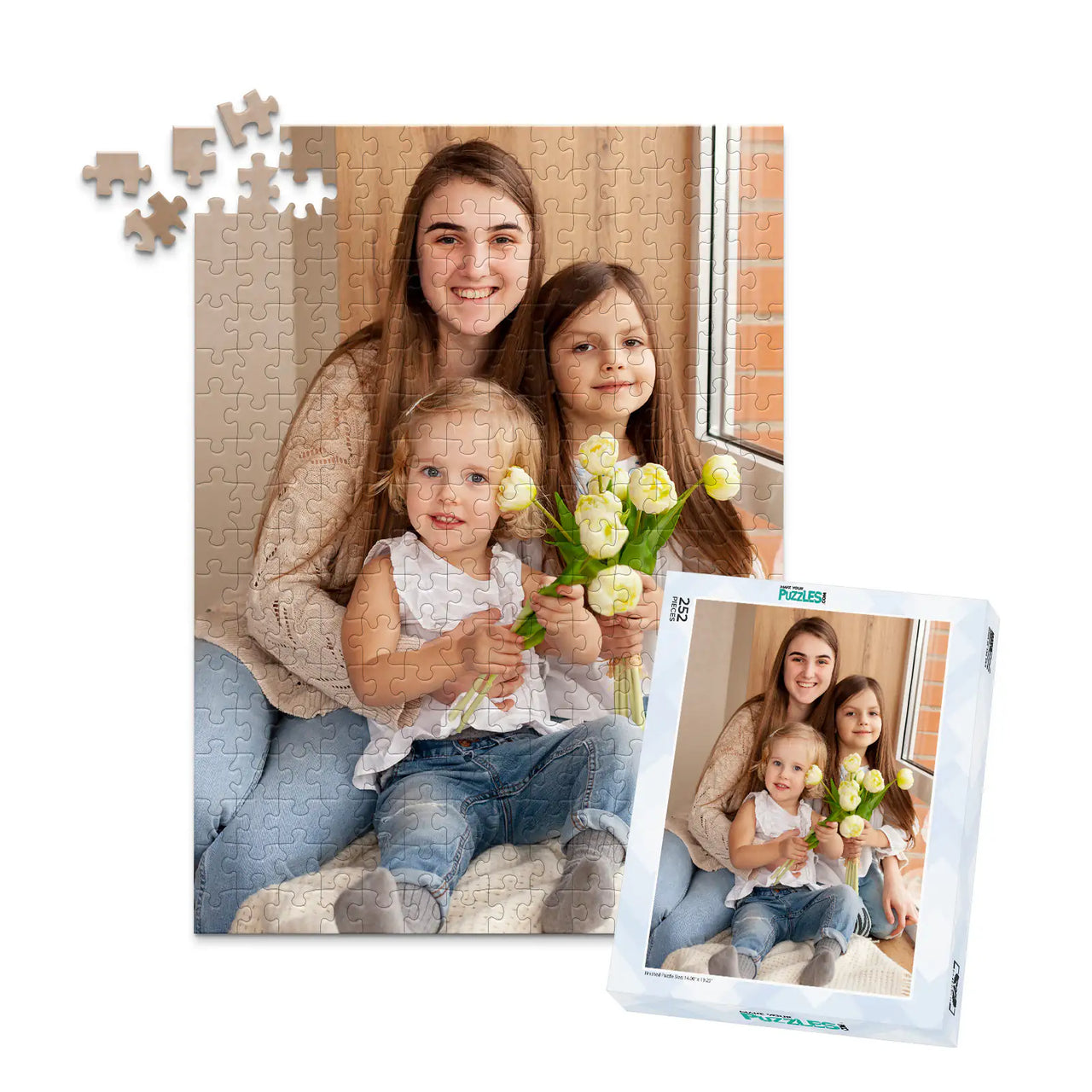 252 piece custom Mother’s Day photo puzzle featuring three daughters with flowers and a matching puzzle box
