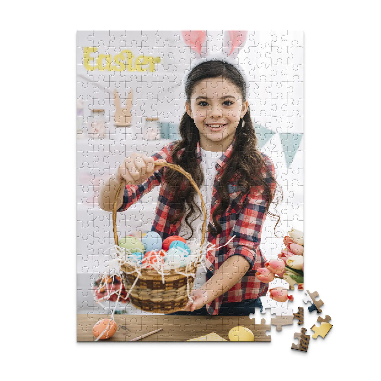 252 piece Easter photo puzzle featuring a smiling girl holding a basket of colorful Easter eggs.
