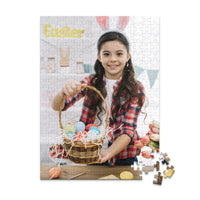 252 piece Easter photo puzzle featuring a smiling girl holding a basket of colorful Easter eggs.