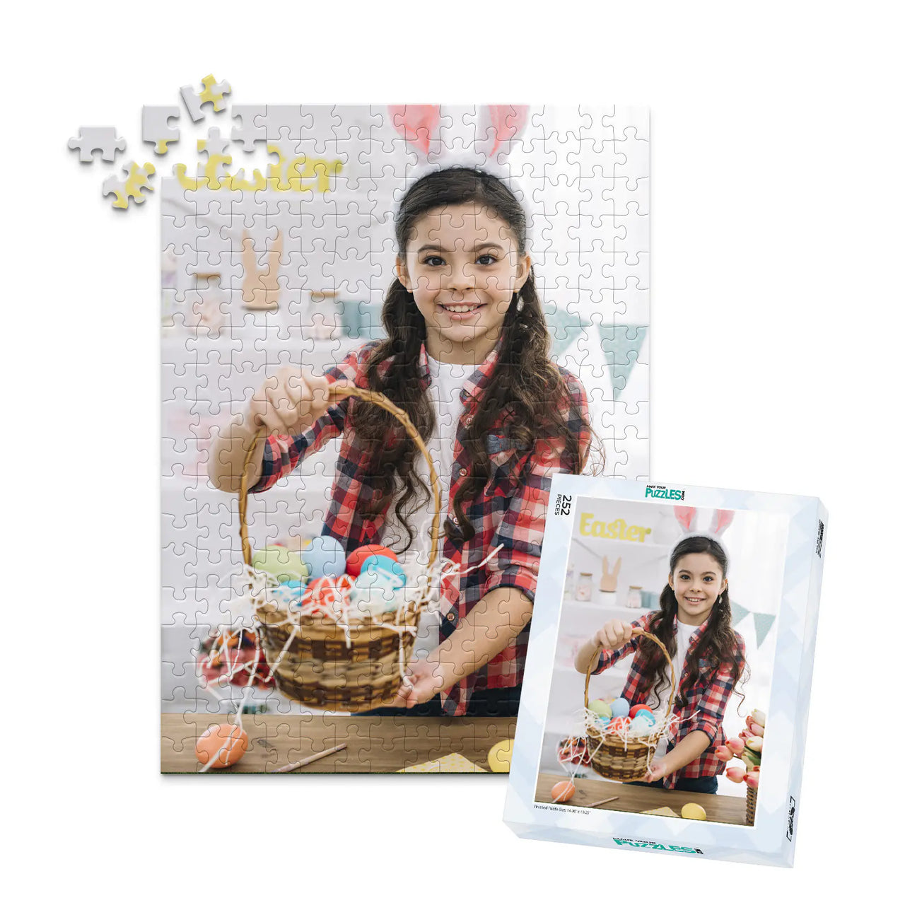 252 piece Easter photo puzzle featuring a smiling girl holding a basket of colorful Easter eggs, shown with its matching puzzle box