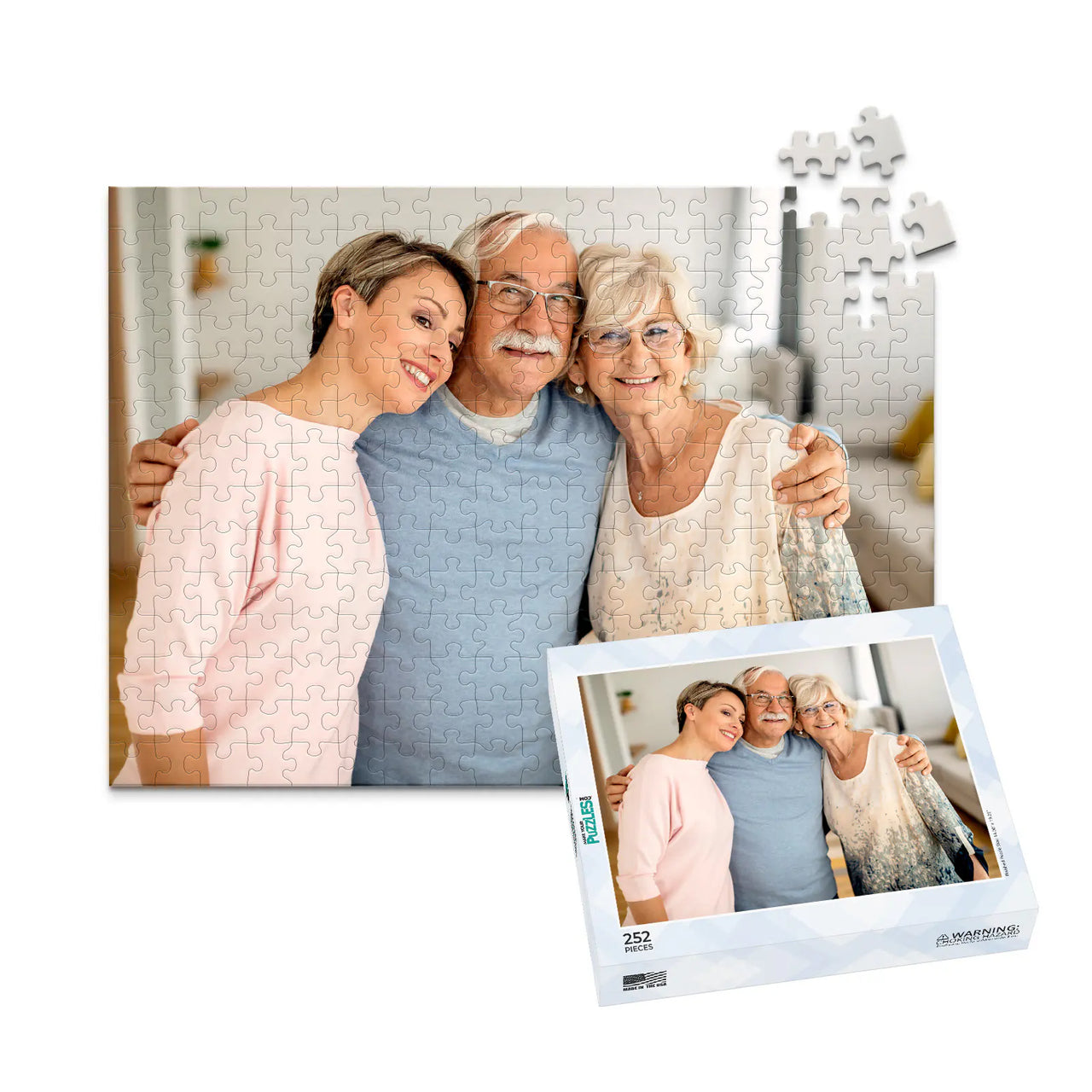 252 piece custom Father’s Day photo puzzle featuring a father with his wife and daughter and matching puzzle box