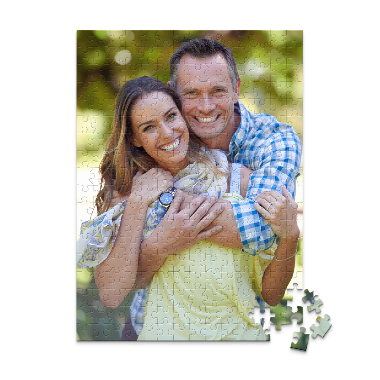 252 piece personalized couple puzzle featuring a smiling couple embracing outdoors.
