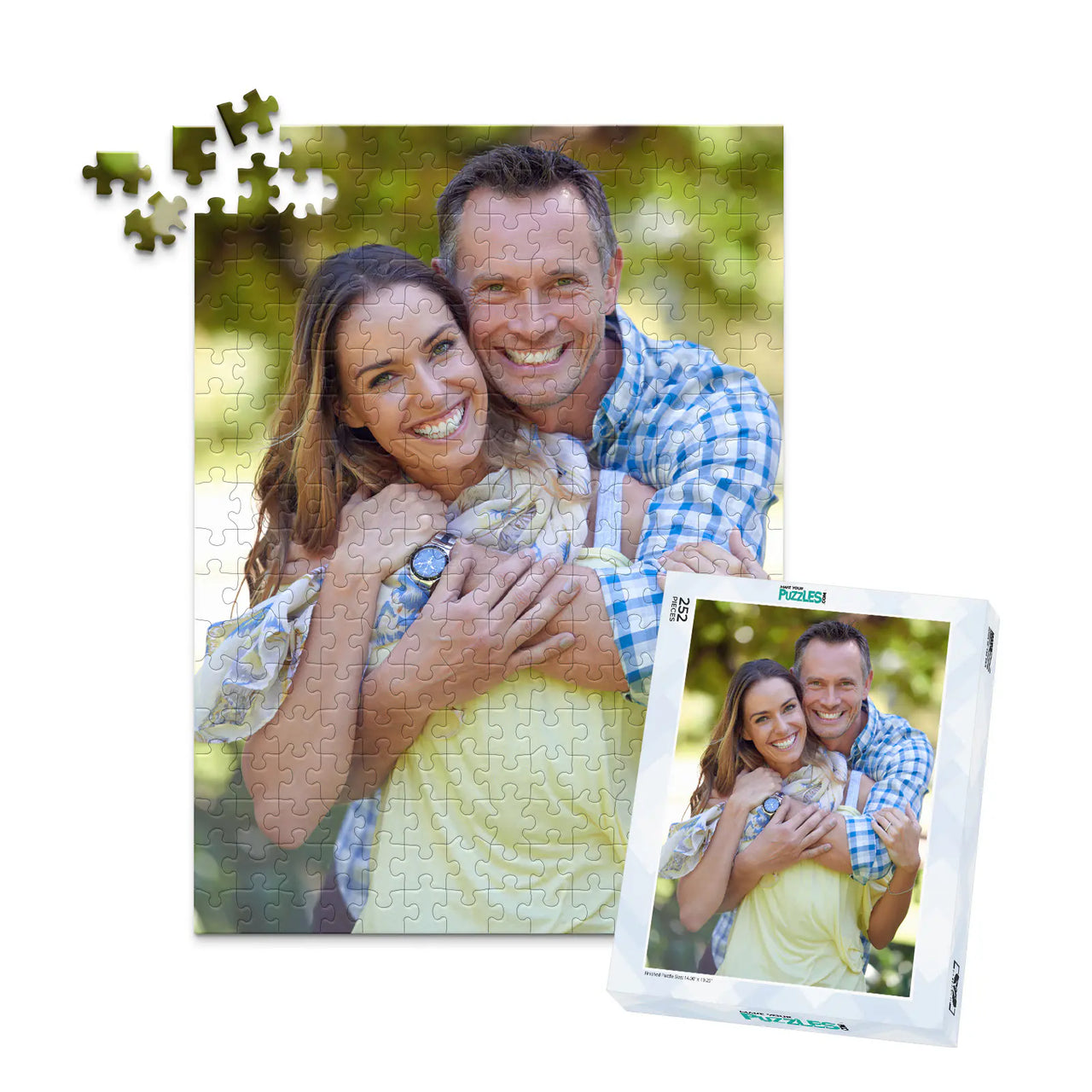 252 piece personalized couple puzzle featuring a smiling couple embracing outdoors, shown with its matching puzzle box
