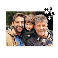 252 piece personalized Dad puzzle showing a smiling father, son and grandfather.