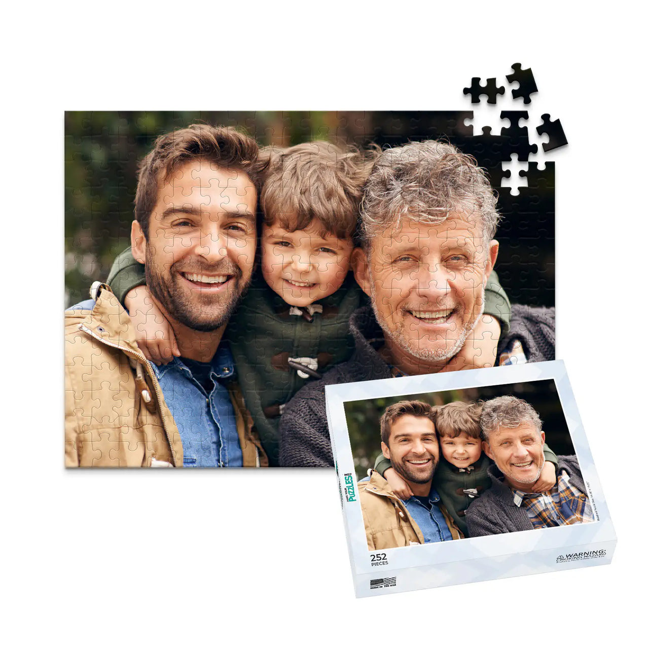 252 piece personalized Dad puzzle showing a smiling father, son and grandfather, displayed with the matching puzzle box.