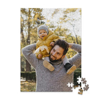 252 piece personalized Dad puzzle showing a smiling father carrying his baby on his shoulders.