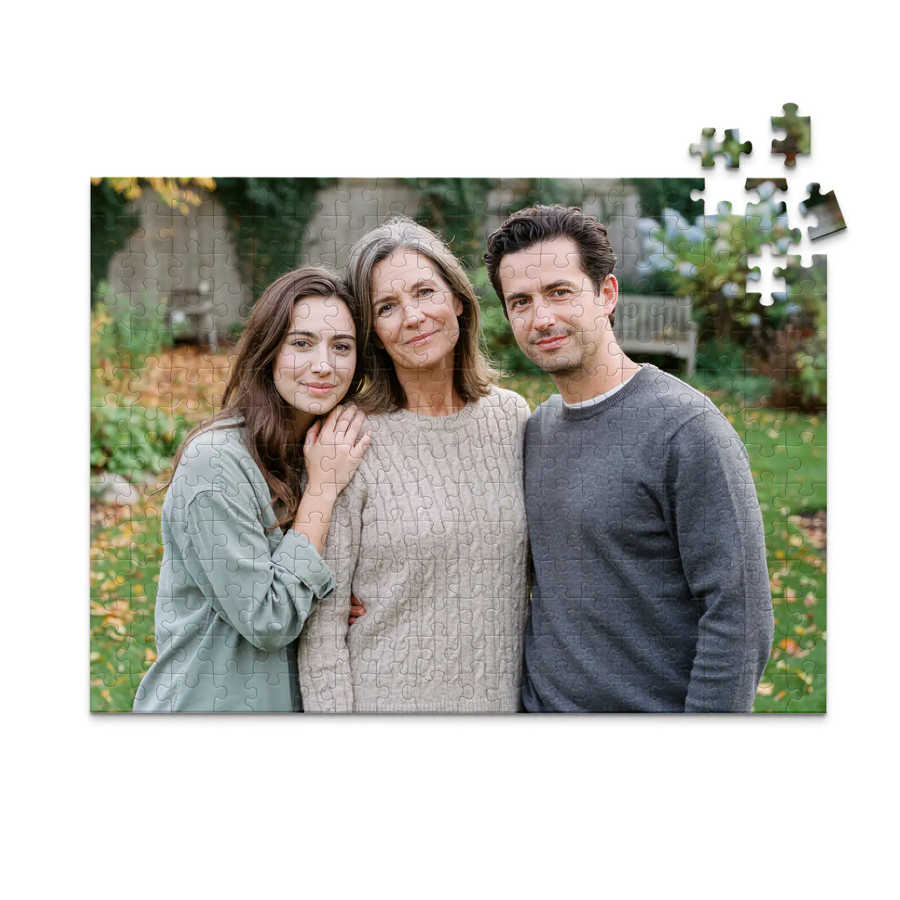 252 piece personalized Mom puzzle featuring a mother with her adult daughter and son outdoors.