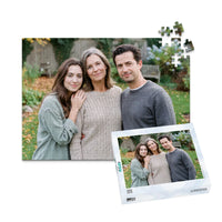 252 piece personalized Mom puzzle featuring a mother with her adult daughter and son outdoors, shown with its matching puzzle box