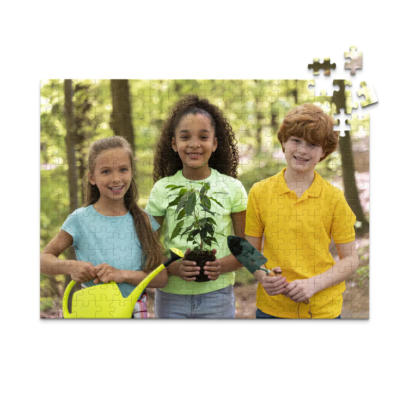 252 piece personalized puzzle for kids showing three smiling children gardening together.