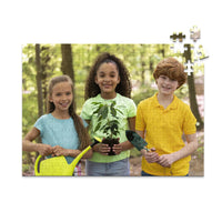 252 piece personalized puzzle for kids showing three smiling children gardening together.
