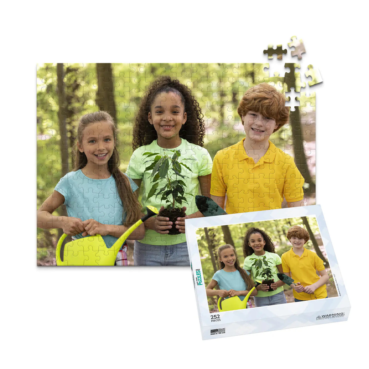 252 piece personalized puzzle for kids showing three smiling children gardening together, displayed with the matching puzzle box.