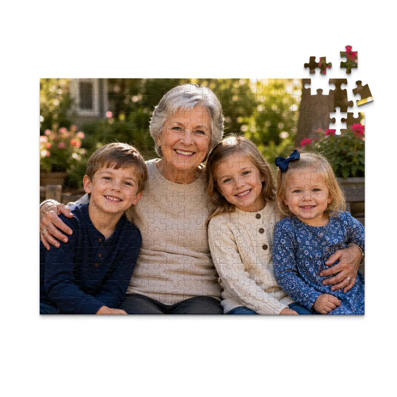 252 piece personalized puzzle for grandparents showing a smiling grandmother with her three grandchildren.