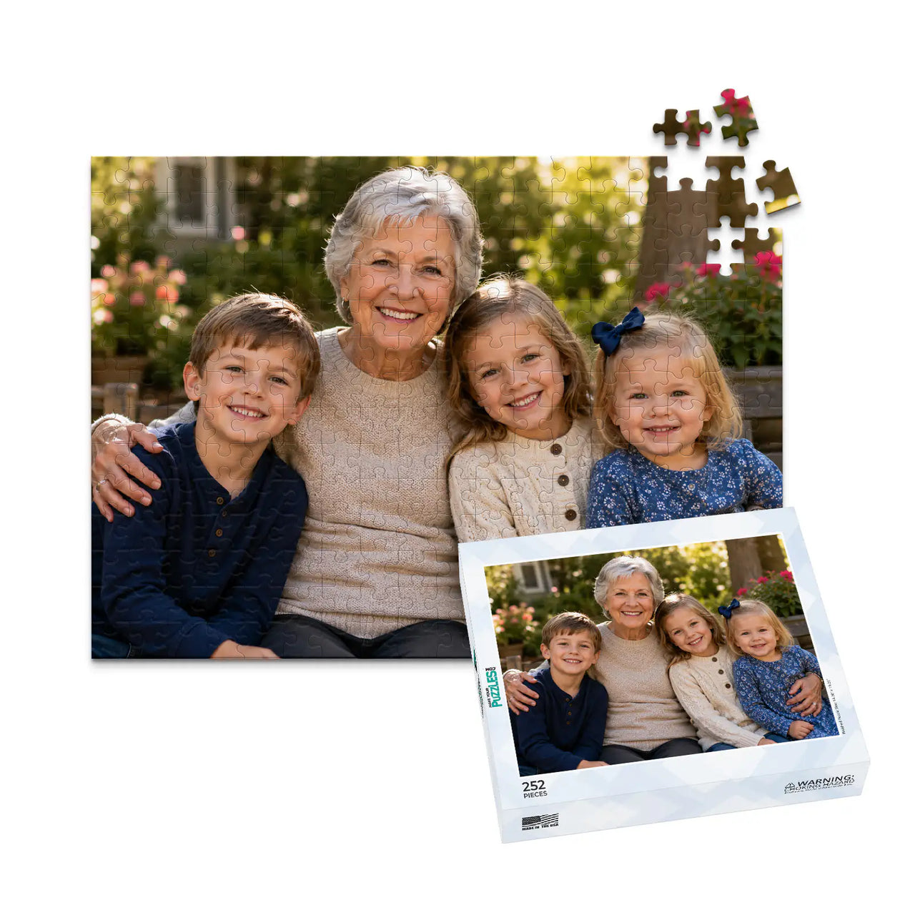 252 piece personalized puzzle for grandparents showing a smiling grandmother with her three grandchildren, displayed with the matching puzzle box.