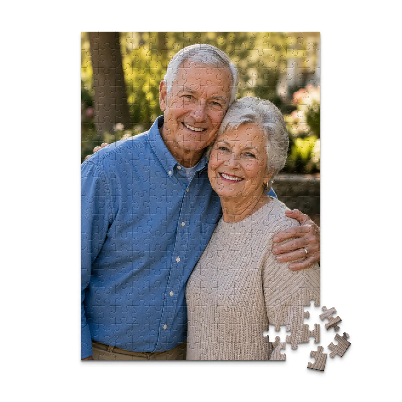 252 piece personalized puzzle for grandparents showing a smiling elderly couple together.