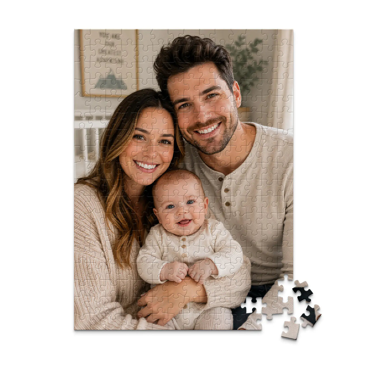 252 piece personalized puzzle for new parents showing a smiling mother and father with their baby.