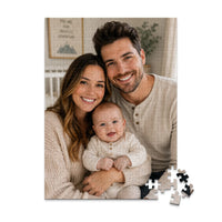 252 piece personalized puzzle for new parents showing a smiling mother and father with their baby.