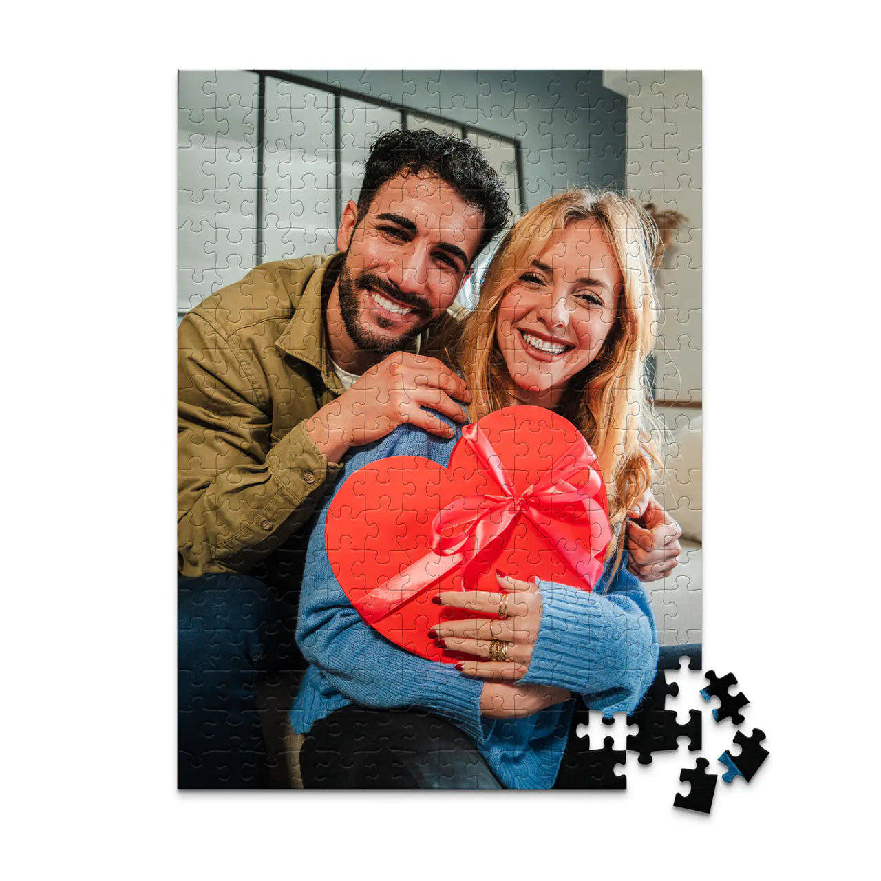 252 piece personalized Valentine puzzle featuring a smiling couple with a heart-shaped gift.