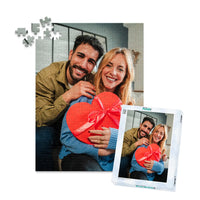 252 piece personalized Valentine puzzle featuring a smiling couple with a heart-shaped gift, shown with its matching puzzle box