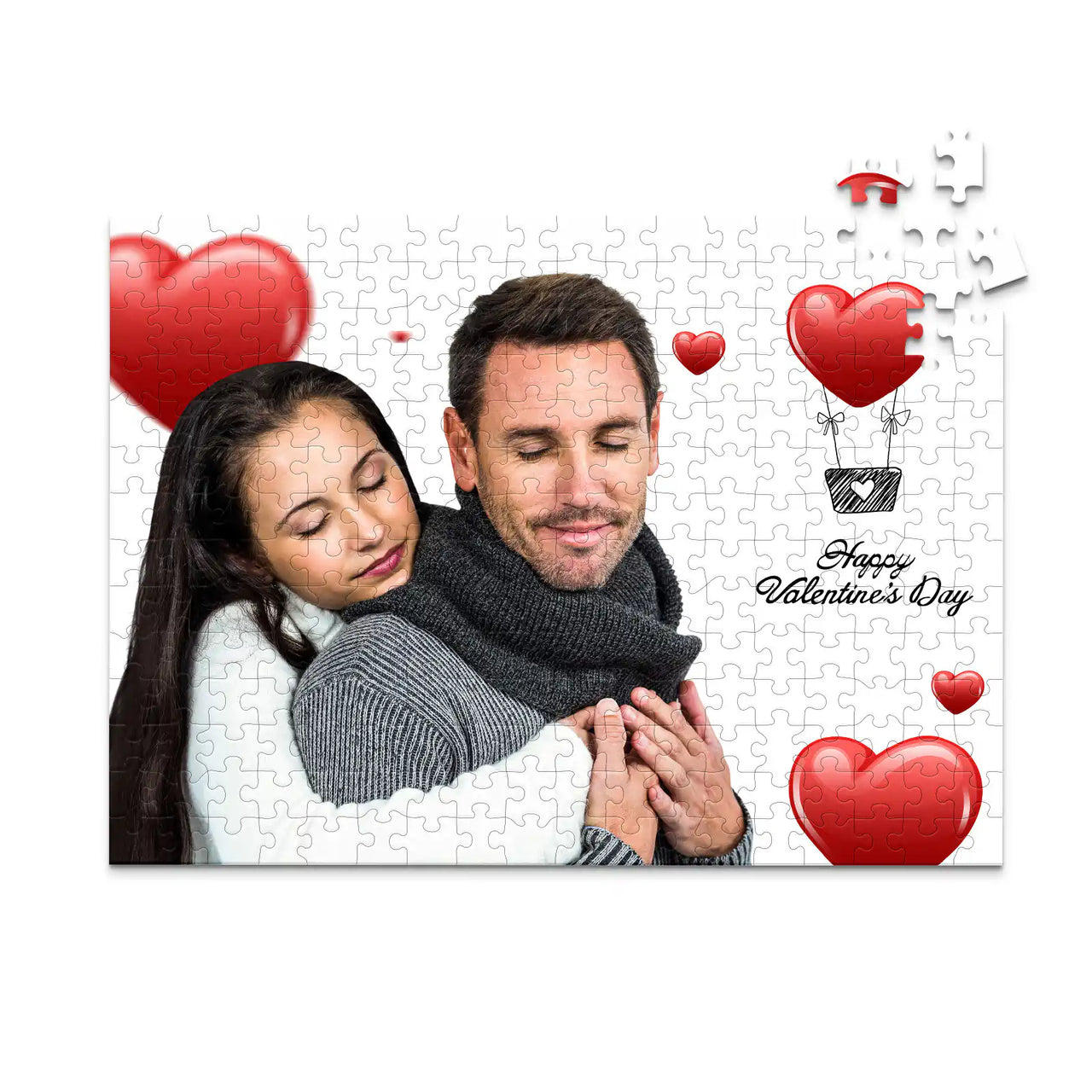 252 piece personalized Valentine puzzle featuring a couple embracing with heart decorations.